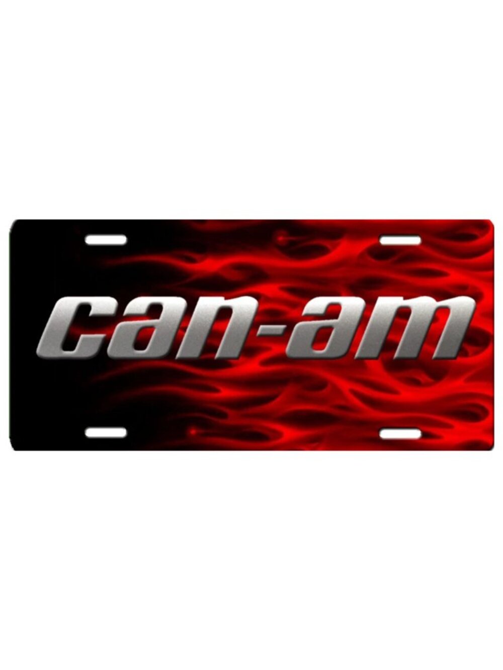Can-Am Aluminum Metal Vanity License Plate Tag Silver and Red Black Flames New